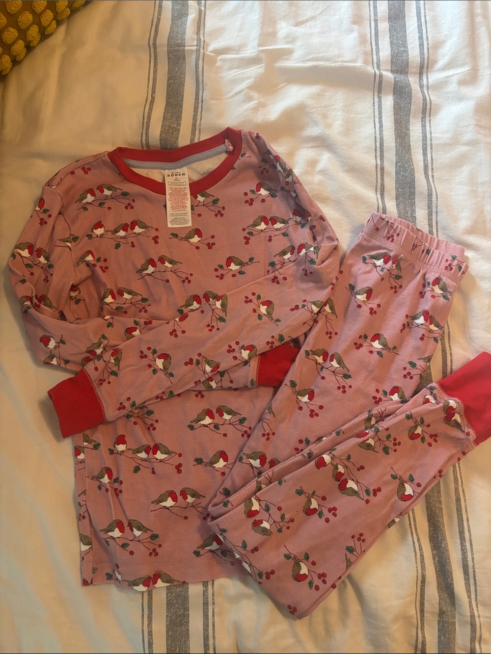 Mini Boden Pink Robin Print Pajama Set with Red Trim Girls 11